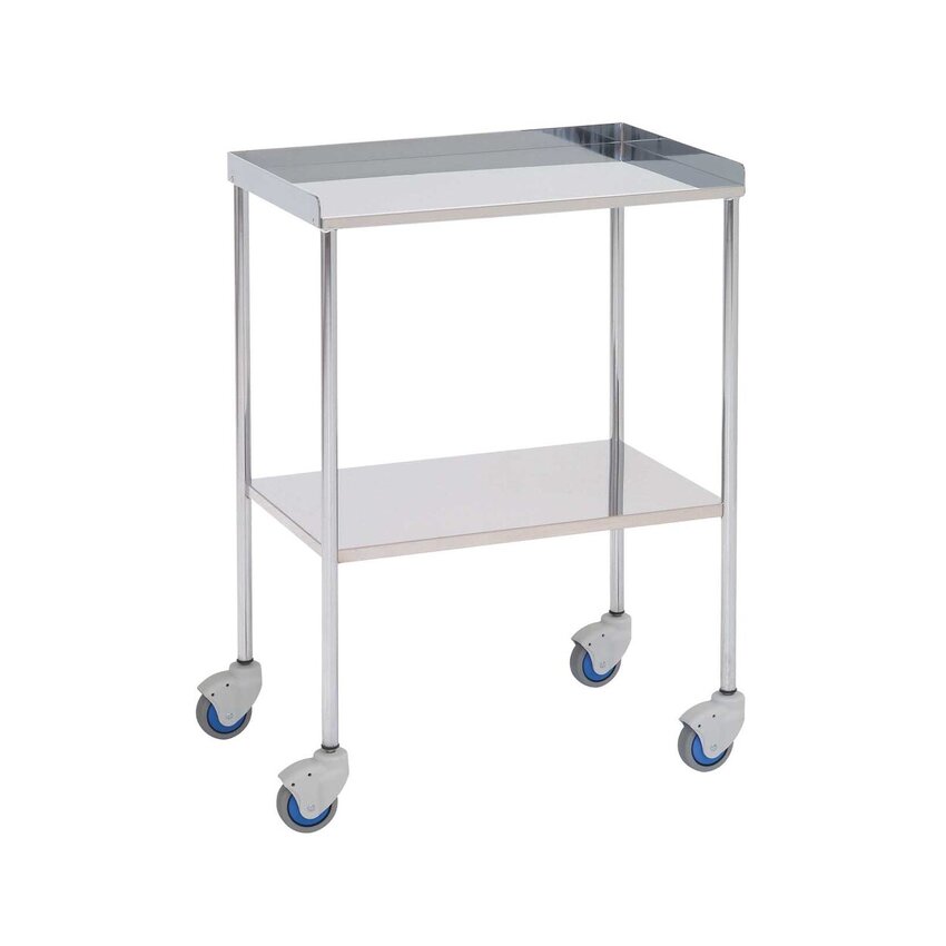 Přístrojový stůl – 2 police – 60x40x80 cm – Horní hrana na 3 stranách – Chrom
